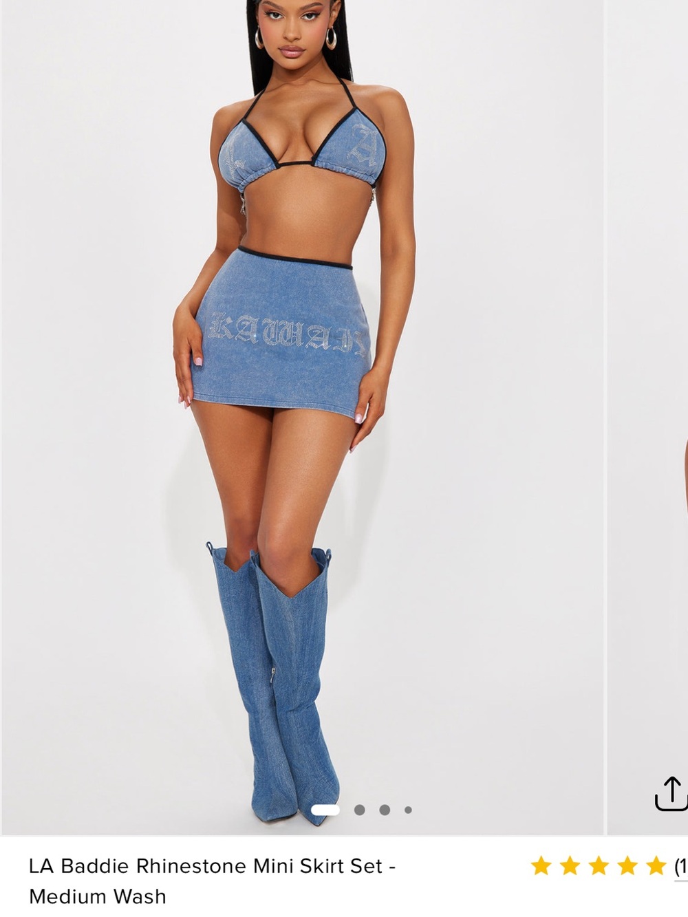 NEW Fashion Nova Denim Matching Set (SOLD OUT) Medium Wash Rhinestone Mini Skirt